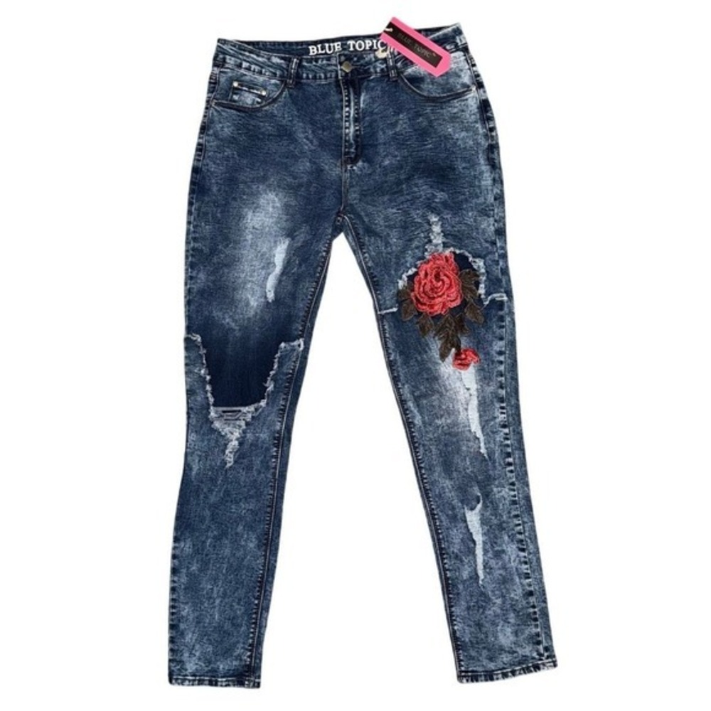 Blue Topic Y2K Rose Patch Distressed Acid Wash Skinny Jeans Juniors 15/16